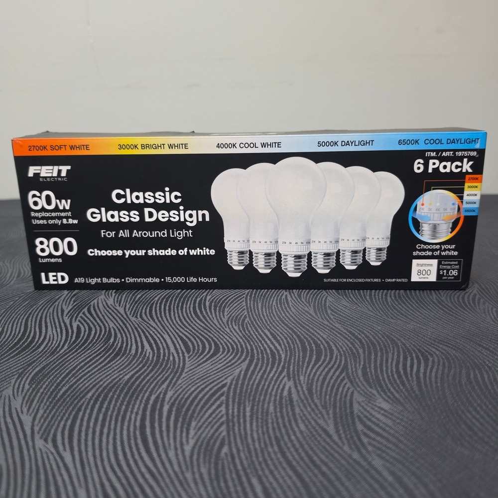 Feit Electric LED Light Bulbs 6 Pack White 60W Replacement A19 Dimmable 1975769